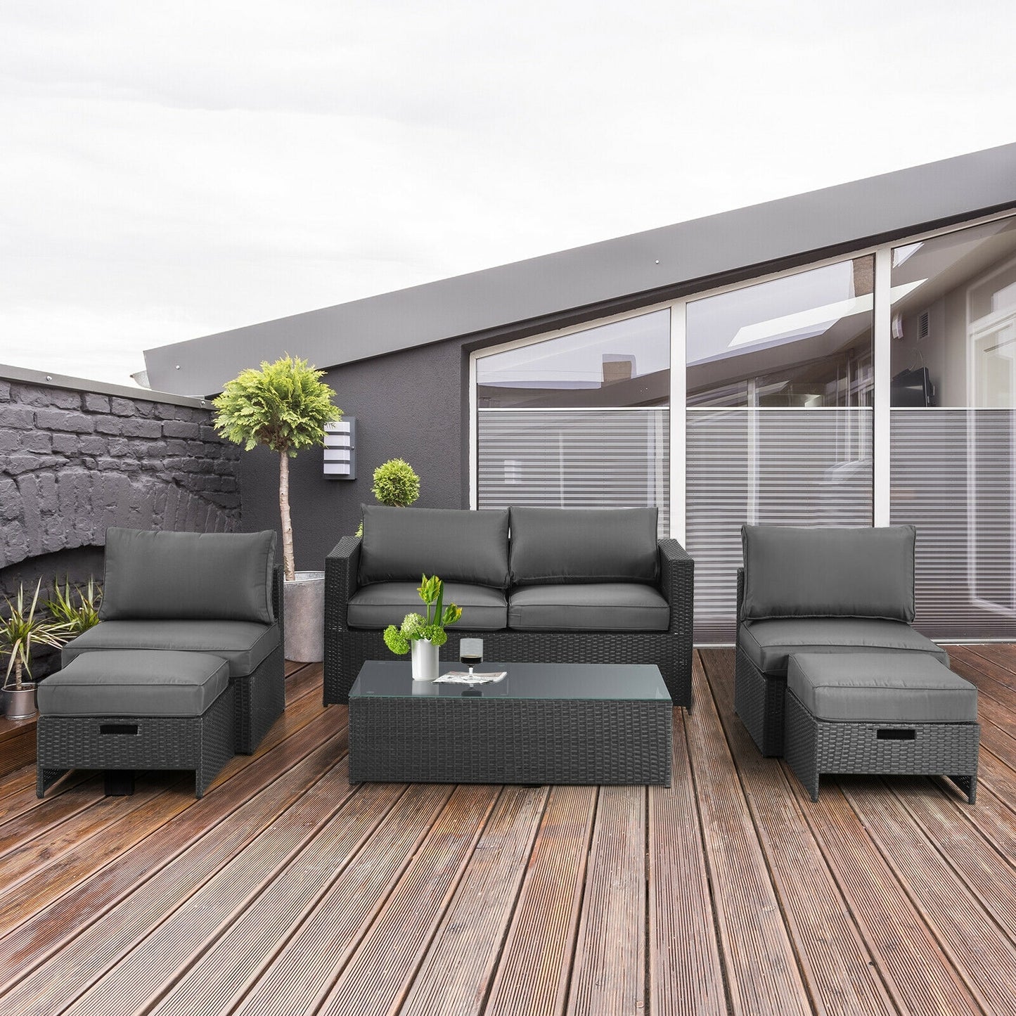 6 Piece Patio Rattan Furniture Set, Cushioned, Gray Outdoor Sectionals at Gallery Canada