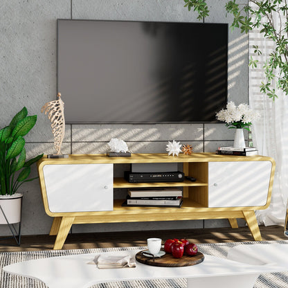 Mid Century TV Stand for TVs up to 55 Inch Media Console Table Sliding Door, Natural - Gallery Canada