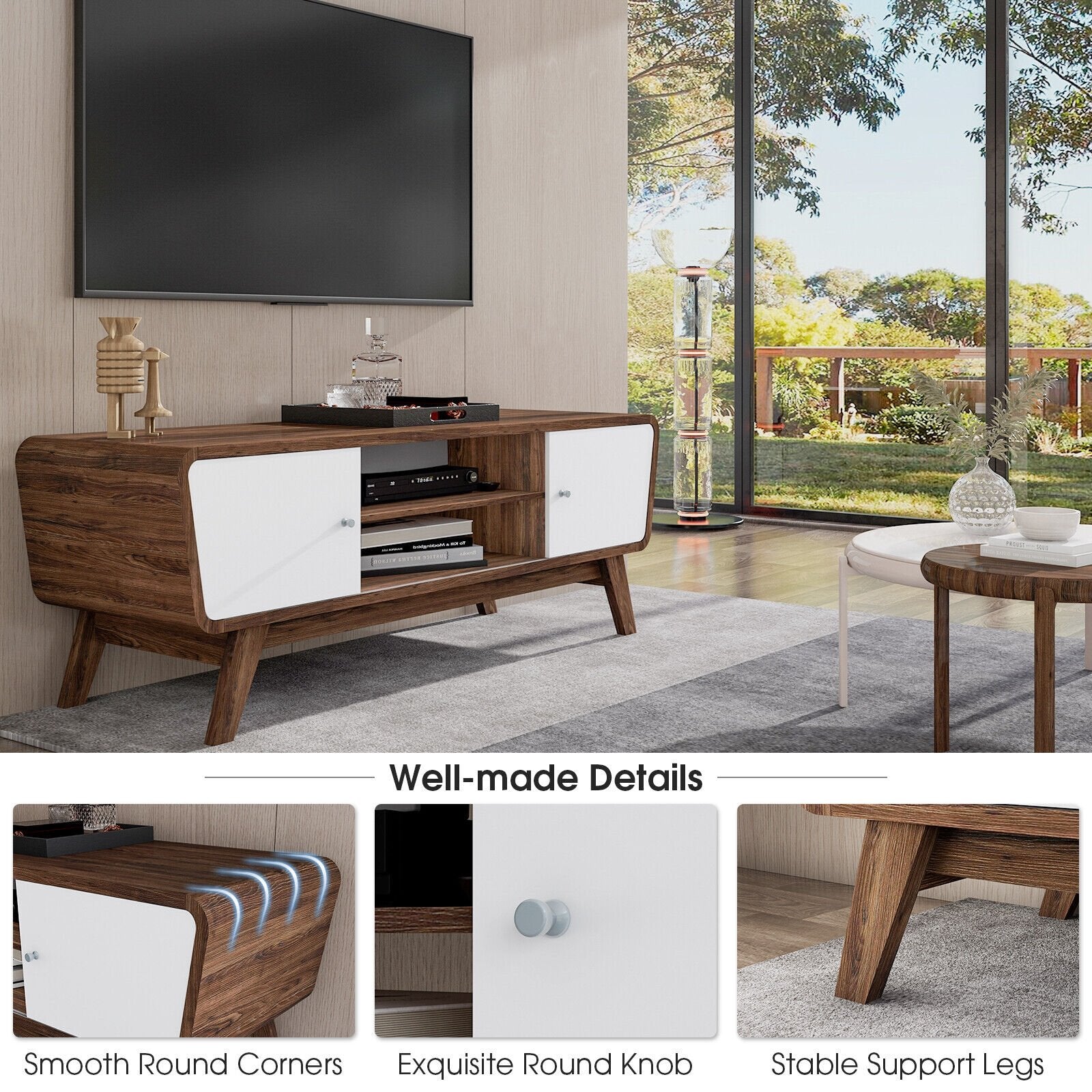 Mid Century TV Stand for TVs up to 55 Inch Media Console Table Sliding Door, Walnut - Gallery Canada