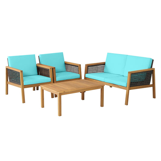 4 Pieces Patio Rattan Furniture Set with Removable Cushions, Turquoise Patio Conversation Sets Turquoise at Gallery Canada