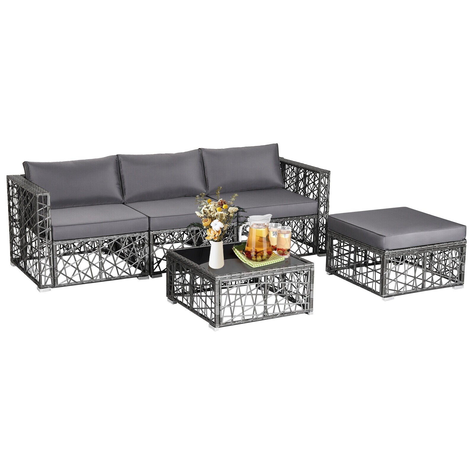 5 Piece Patio PE Rattan Wicker Sofa Set, Gray Outdoor Sectionals at Gallery Canada