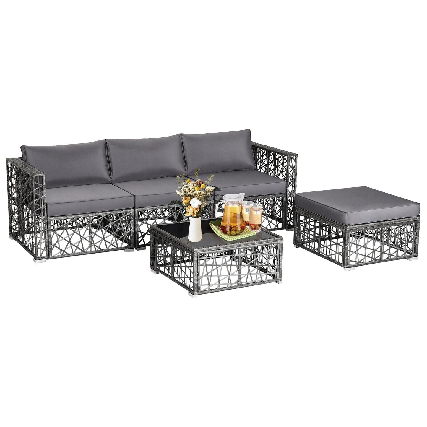 5 Piece Patio PE Rattan Wicker Sofa Set, Gray Outdoor Sectionals Gray at Gallery Canada