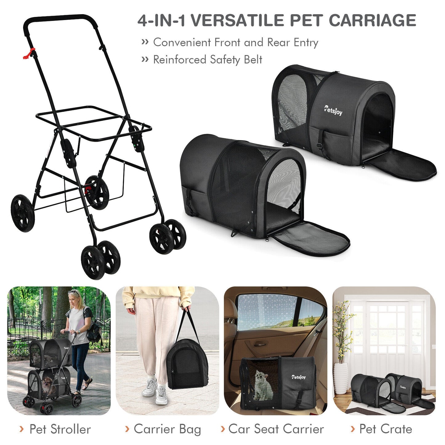 4-in-1 Double Pet Stroller with Detachable Carrier and Travel Carriage, Black Dog Supplies at Gallery Canada
