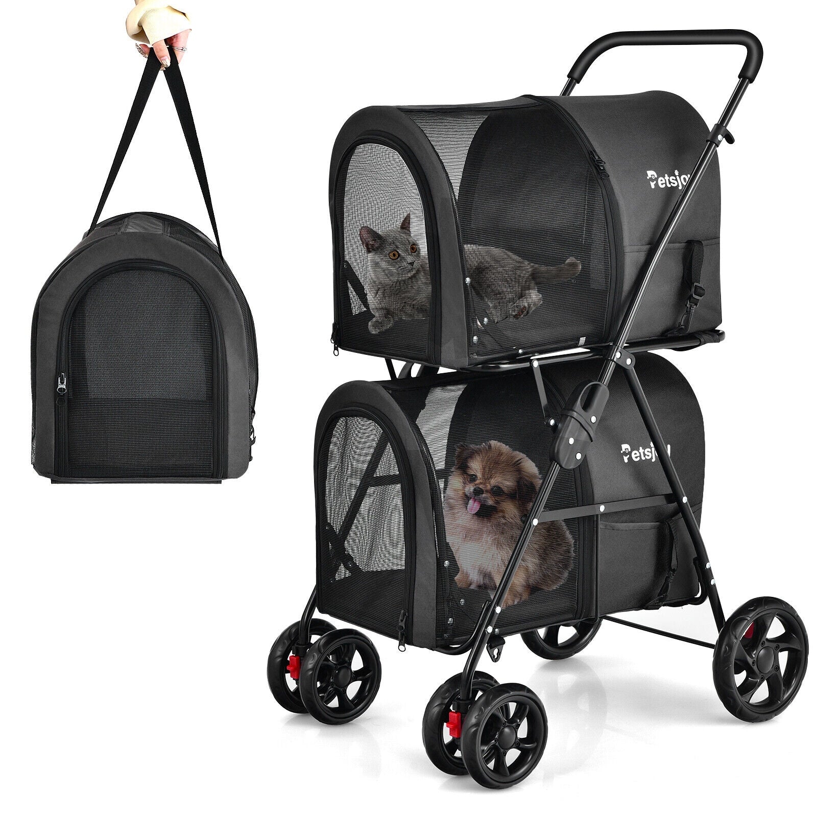 4-In-1 Double Pet Stroller, Detachable Carrier, Travel Carriage, Black Dog Supplies Black at Gallery Canada