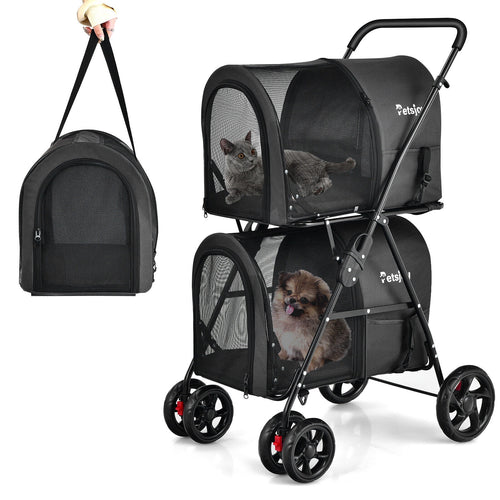 4-In-1 Double Pet Stroller, Detachable Carrier, Travel Carriage, Black