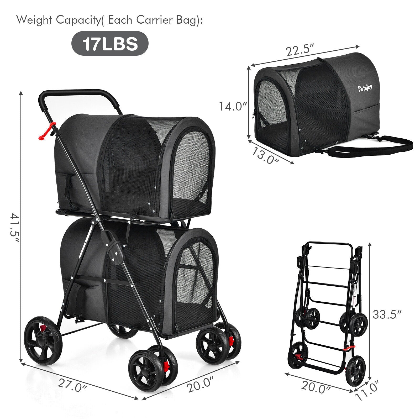 4-in-1 Double Pet Stroller with Detachable Carrier and Travel Carriage, Black Dog Supplies at Gallery Canada