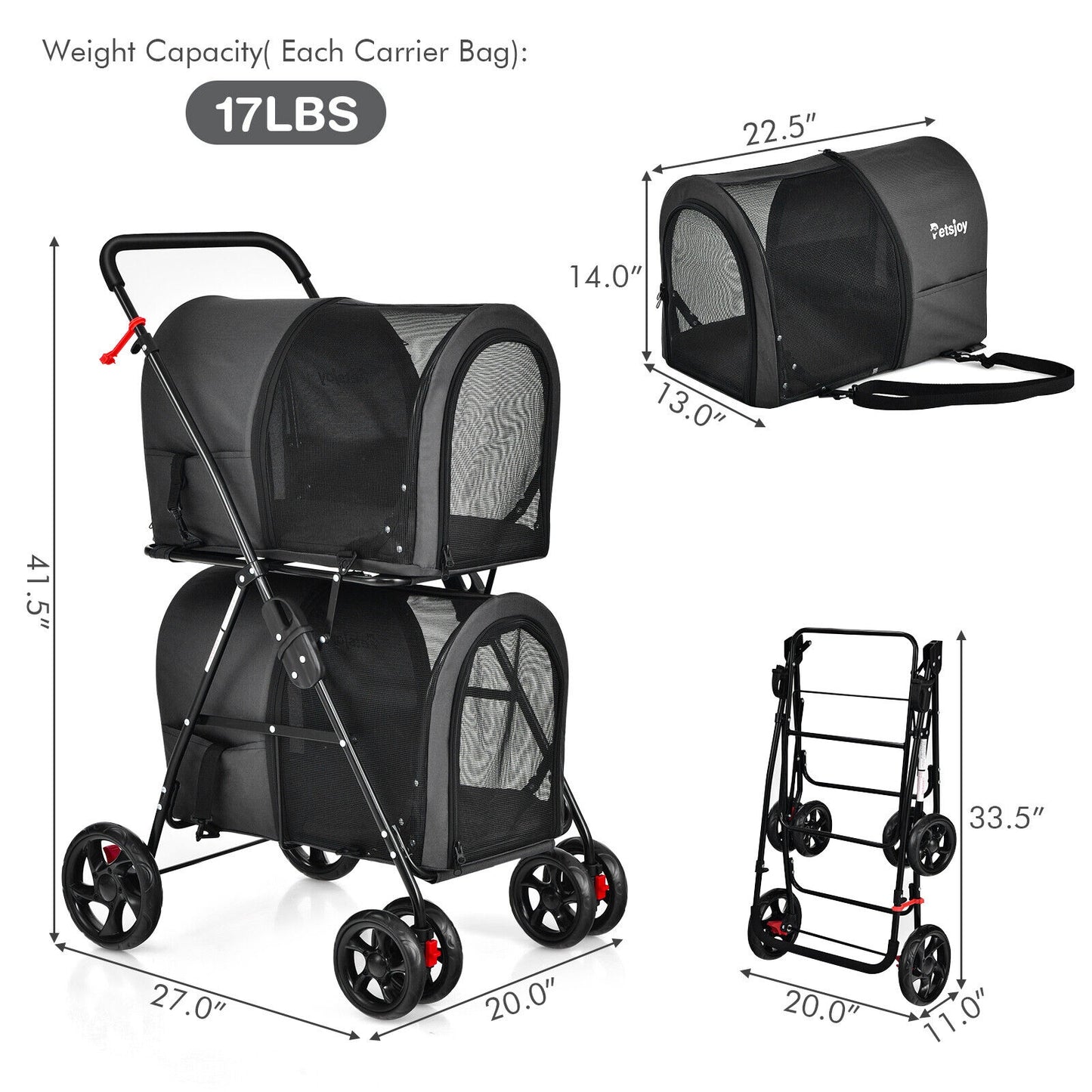 4-in-1 Double Pet Stroller with Detachable Carrier and Travel Carriage, Black Dog Supplies at Gallery Canada