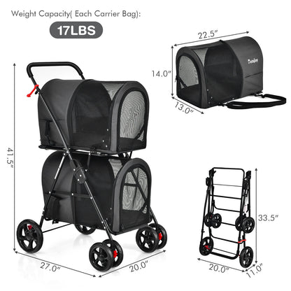4-in-1 Double Pet Stroller with Detachable Carrier and Travel Carriage, Black Dog Supplies at Gallery Canada