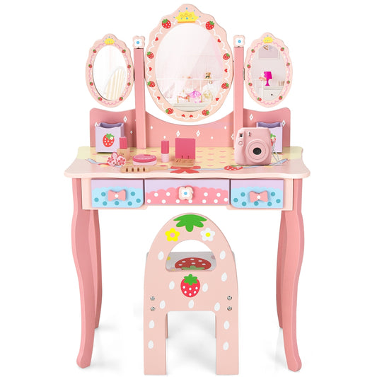 Kids Vanity Princess Makeup Dressing Table Chair Set with Tri-fold Mirror, Pink Kids Vanities Pink at Gallery Canada
