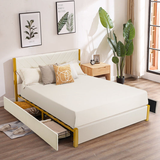 Full Size/Queen Size Upholstered Bed Frame with Adjustable Headboard and 4 Drawers-Full Size, Beige - Gallery Canada