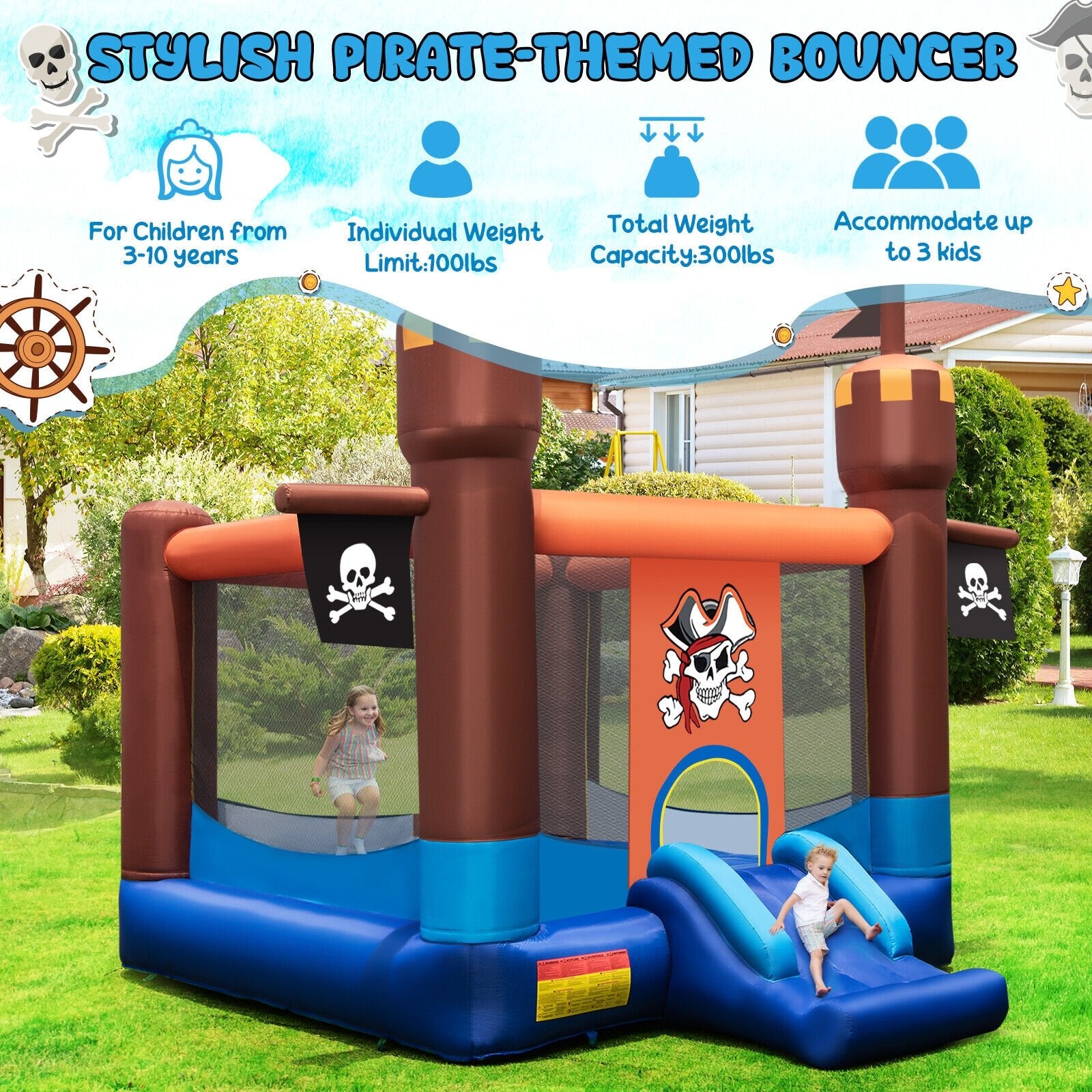 Pirate-Themed Inflatable Bounce Castle with Large Jumping Area and 735W Blower - Gallery Canada