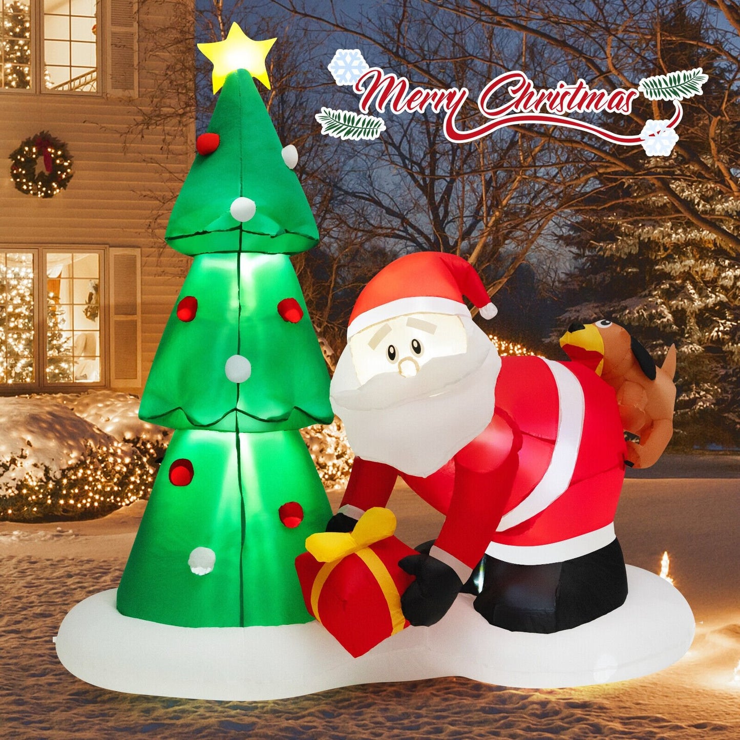 7 Feet Blowup Christmas Tree with Santa Claus Chased by Dog, Multicolor - Gallery Canada
