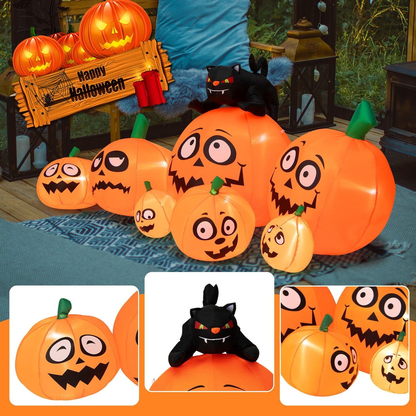 9.5 Feet Inflatable Pumpkin Combo Decoration with Black Cat and Built-in LED Lights, Multicolor - Gallery Canada