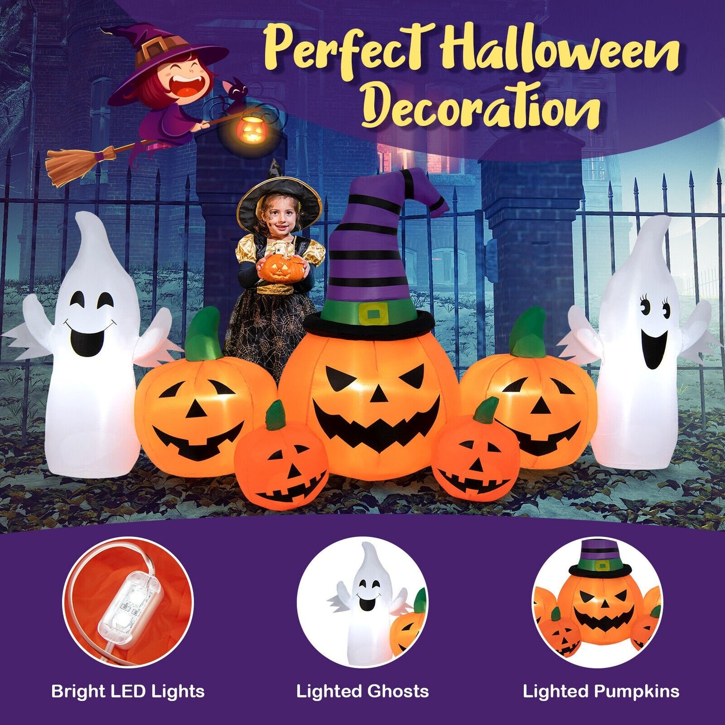 9 Feet Long Halloween Inflatable Pumpkins with 2 Ghosts, Multicolor