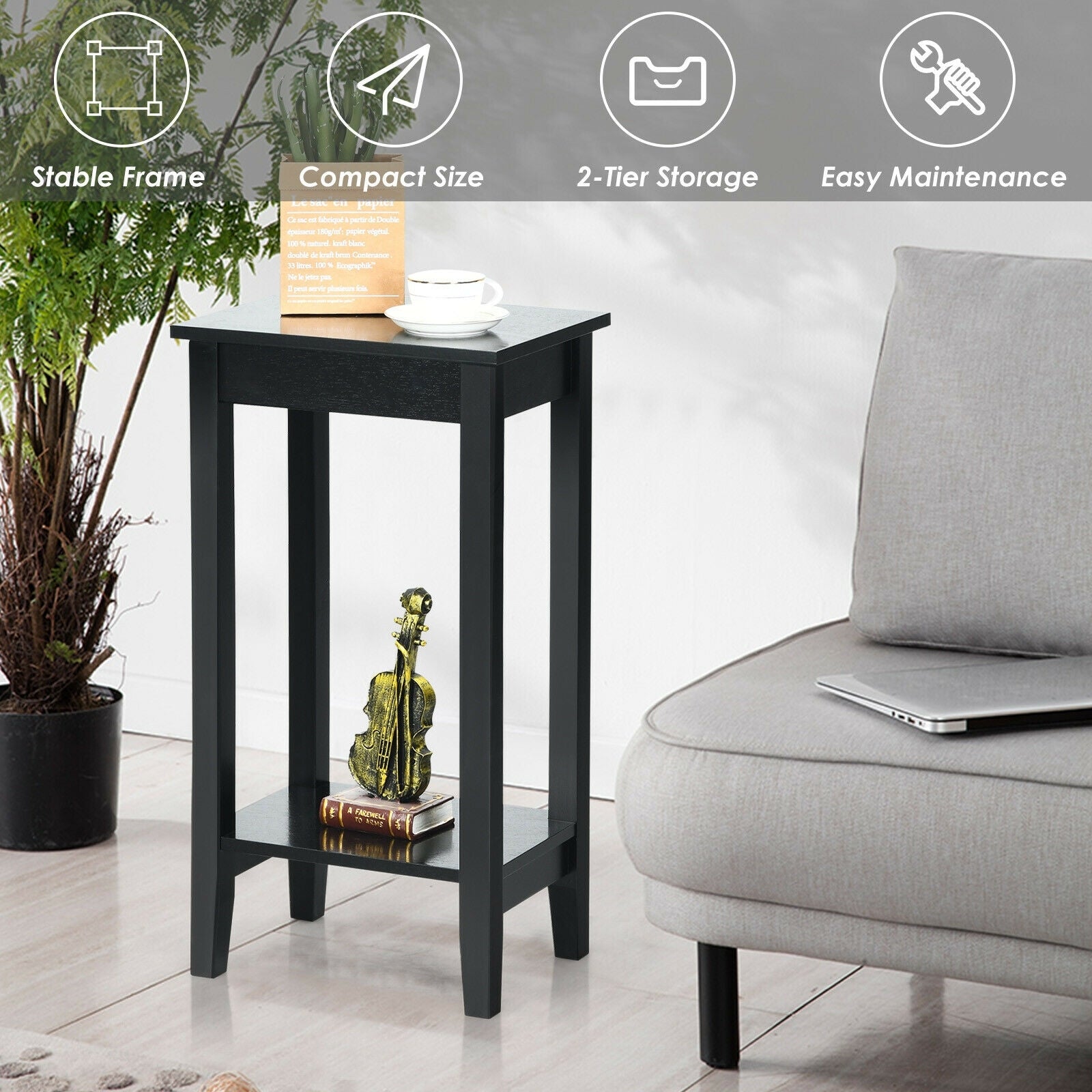 2-Tier Nightstand, Wooden Legs, Black Nightstands at Gallery Canada