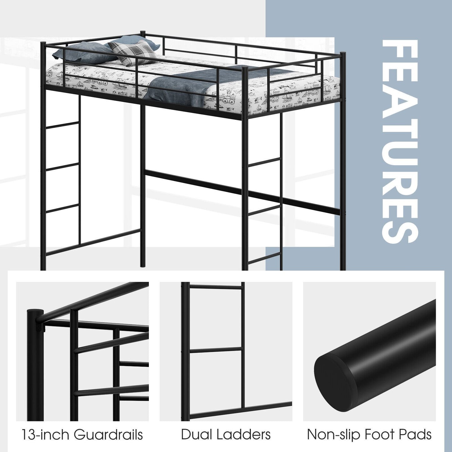 Twin Size Space-saving Metal Loft Bed with Full-Length Guardrail and 2 Ladders, Black - Gallery Canada
