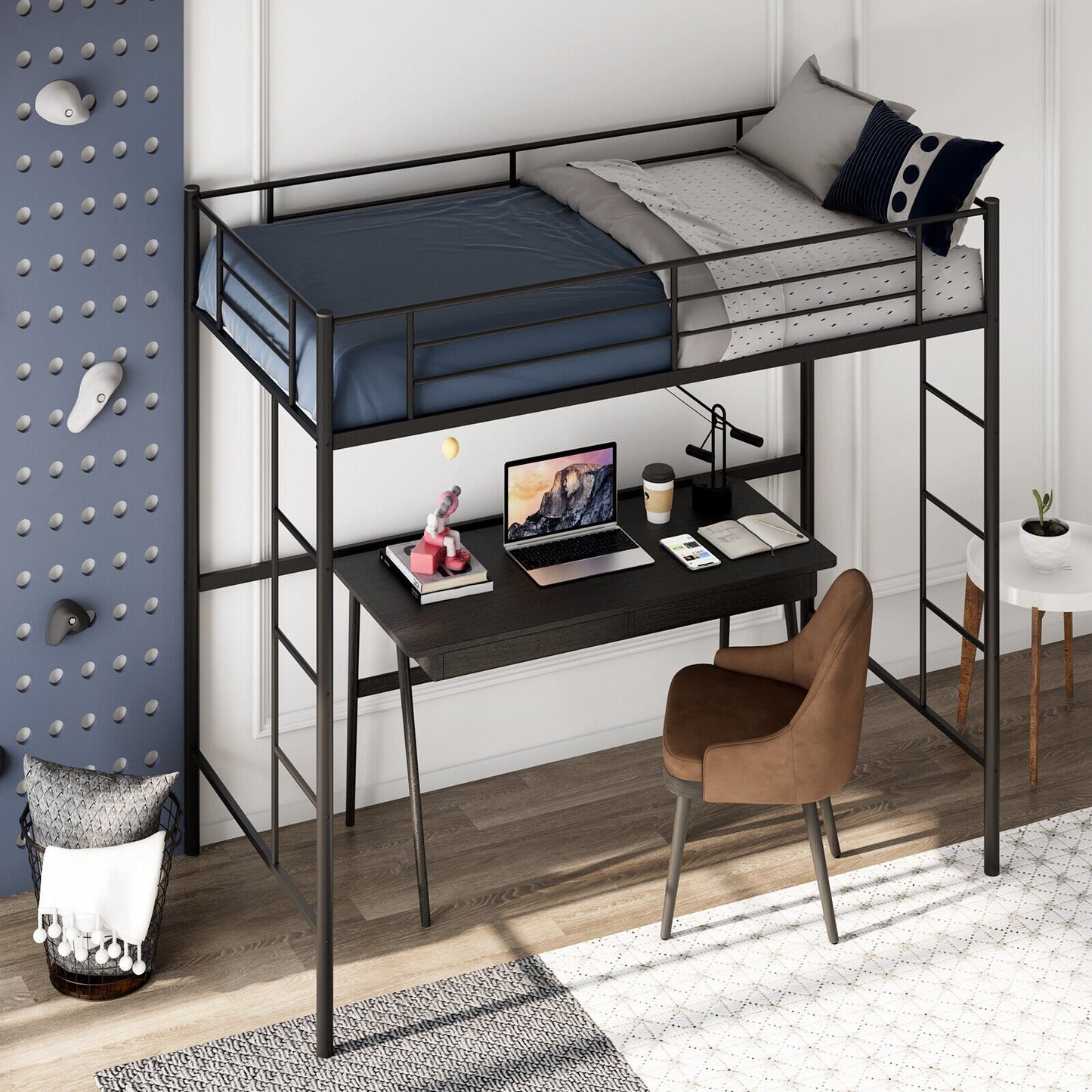 Twin Size Space-saving Metal Loft Bed with Full-Length Guardrail and 2 Ladders, Black - Gallery Canada