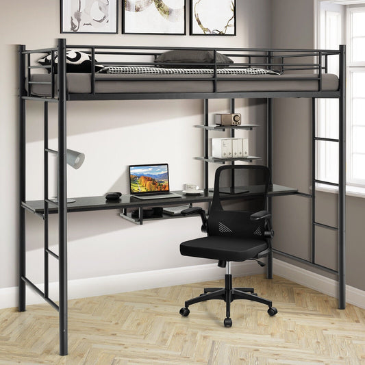 Twin Size Loft Bunk Bed with Desk Storage Shelf and Full Length Ladders, Black - Gallery Canada