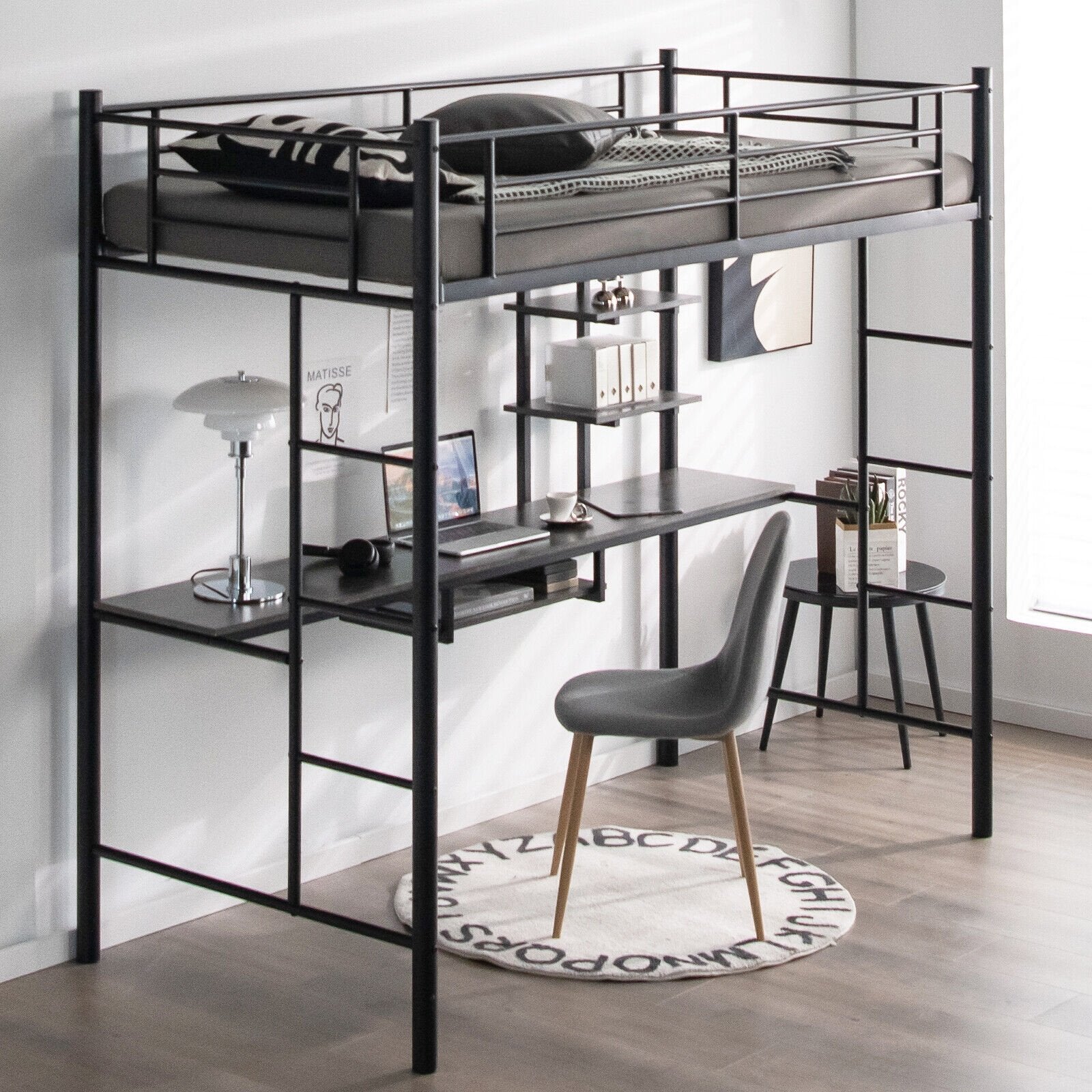 Twin Size Loft Bunk Bed with Desk Storage Shelf and Full Length Ladders, Black - Gallery Canada