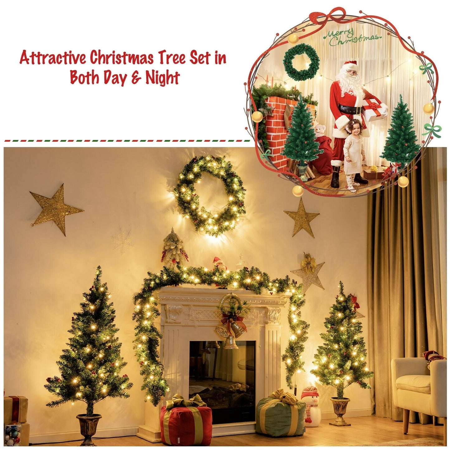 4 Pieces Christmas Decoration Set with Garland Wreath and Entrance Trees, Green - Gallery Canada