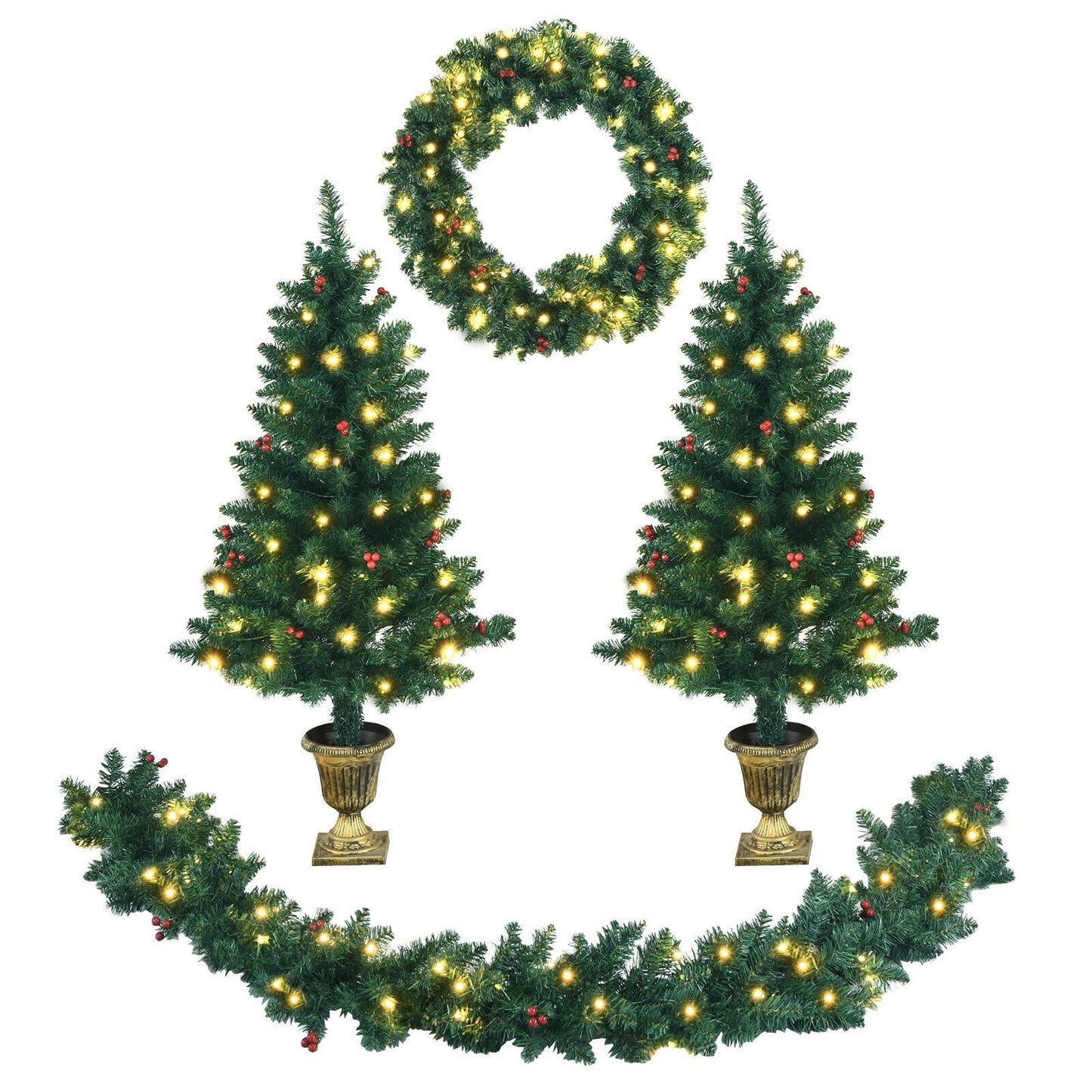 4 Pieces Christmas Decoration Set with Garland Wreath and Entrance Trees, Green - Gallery Canada