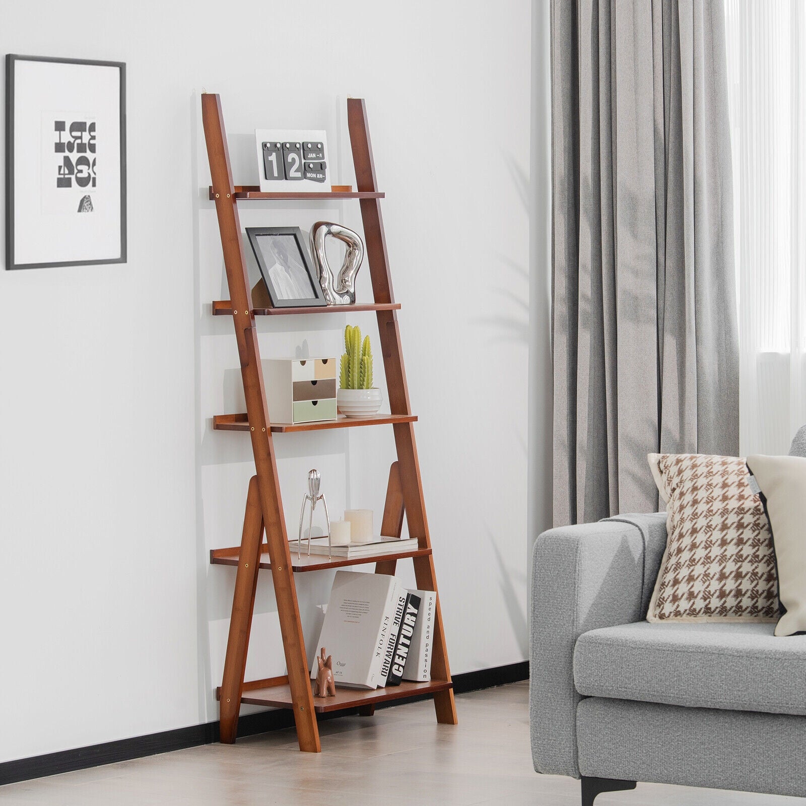 5-Tier Bamboo Ladder Shelf for Home Use, Brown Bookcases at Gallery Canada