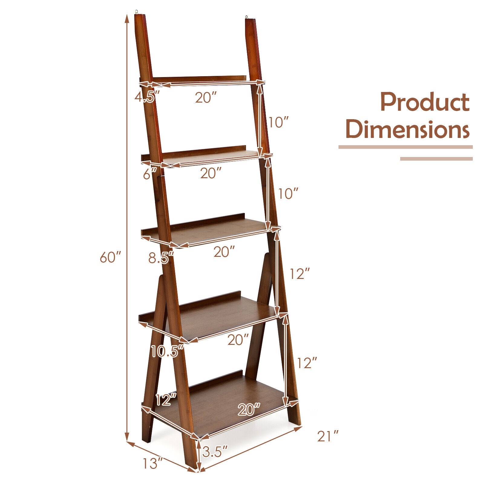 5-Tier Bamboo Ladder Shelf for Home Use, Brown Bookcases at Gallery Canada