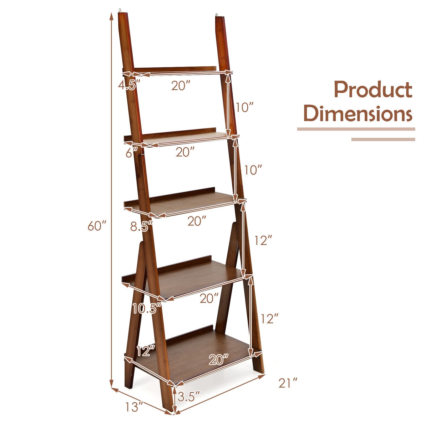 5-Tier Bamboo Ladder Shelf for Home Use, Brown Bookcases at Gallery Canada