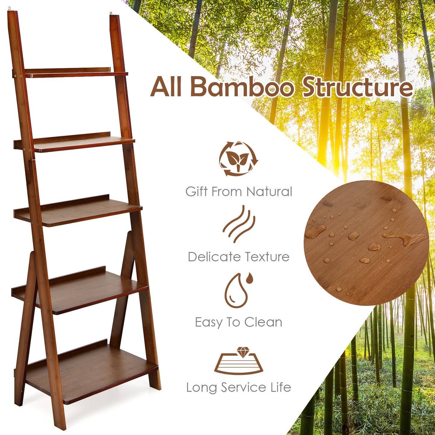 5-Tier Bamboo Ladder Shelf for Home Use, Brown Bookcases at Gallery Canada