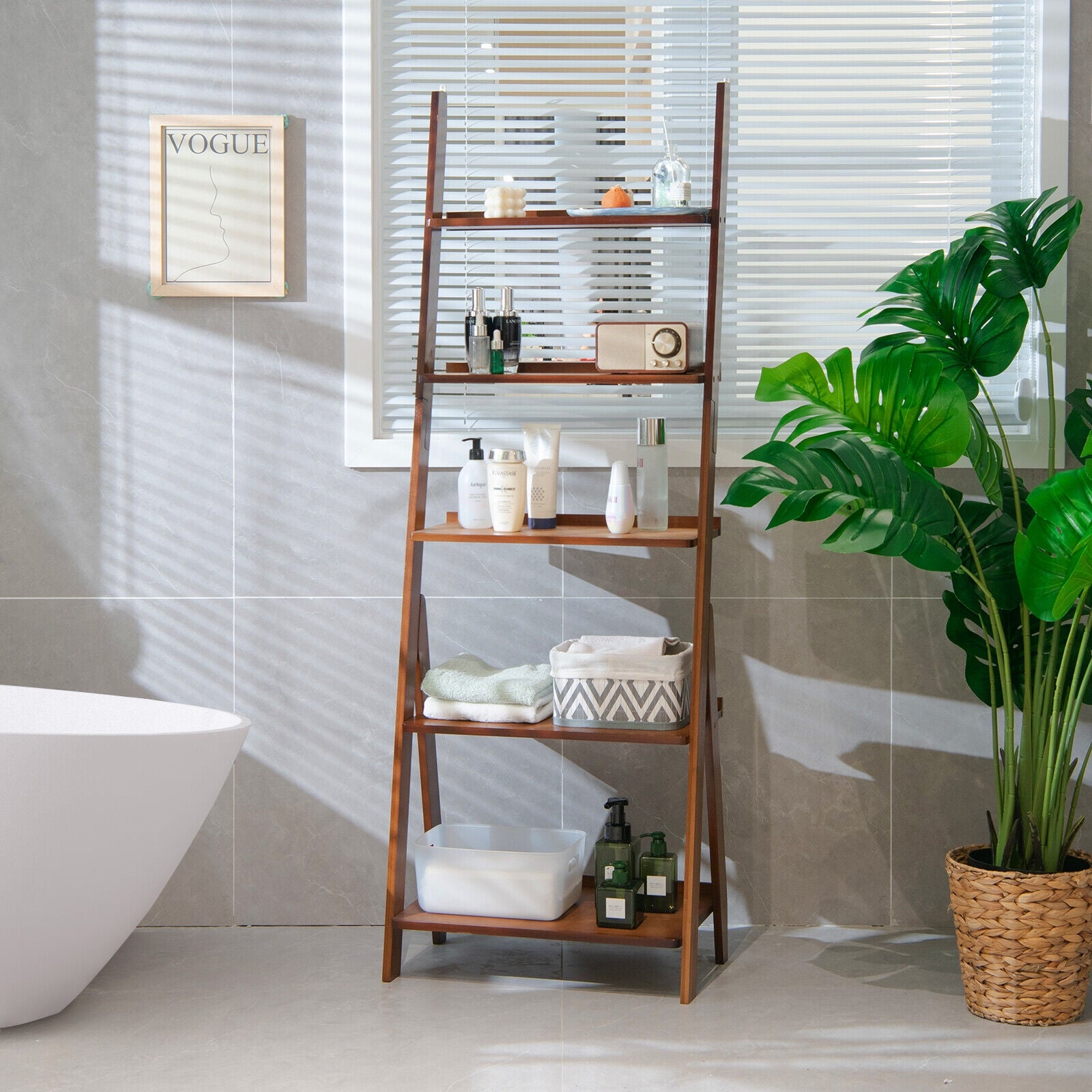 5-Tier Bamboo Ladder Shelf for Home Use, Brown Bookcases at Gallery Canada