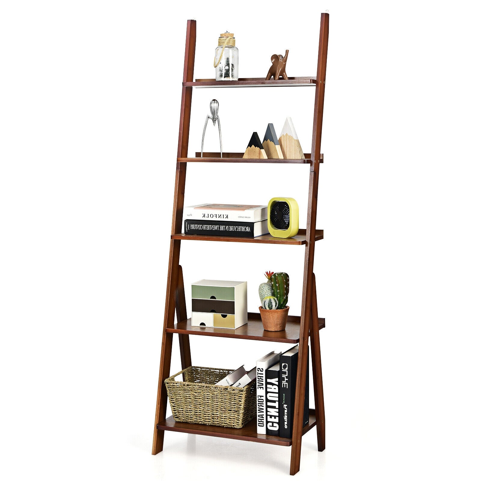 5-Tier Bamboo Ladder Shelf for Home Use, Brown Bookcases at Gallery Canada