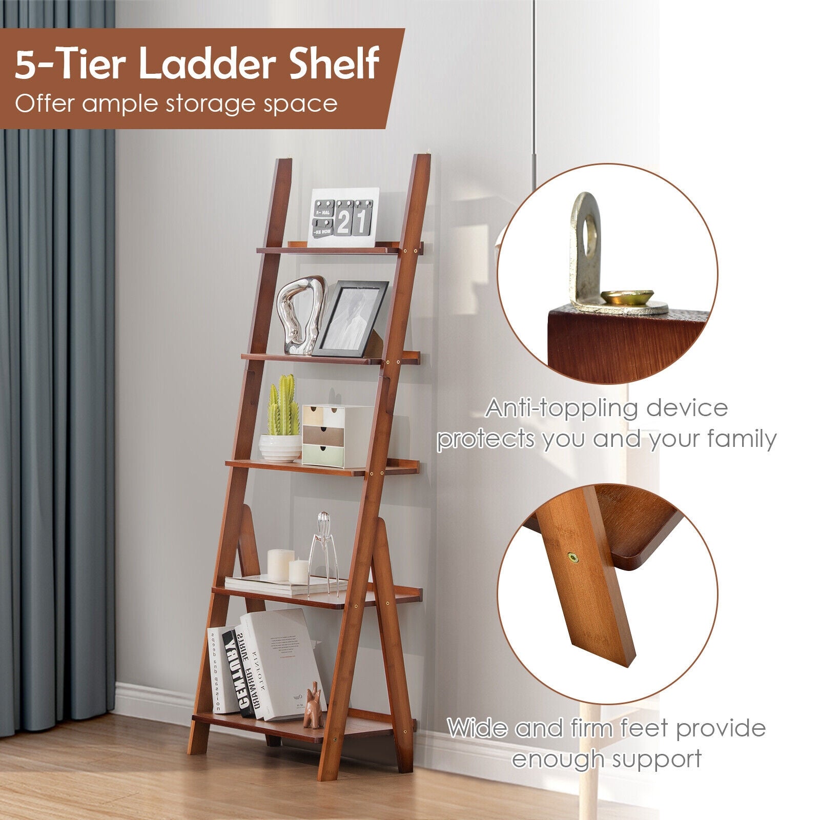 5-Tier Bamboo Ladder Shelf for Home Use, Brown Bookcases at Gallery Canada