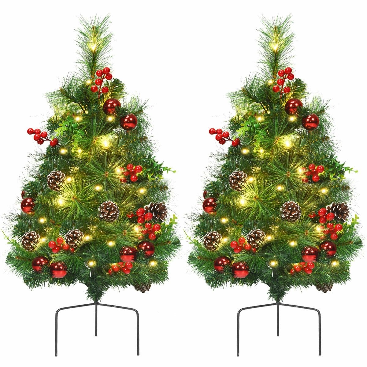 Set of 2 29 Inch Battery Powered Pre-lit Pathway Holiday Christmas Trees, Green - Gallery Canada