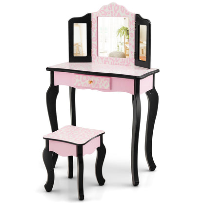 Kid Vanity Set with Tri-Folding Mirror and Leopard Print, Pink - Gallery Canada