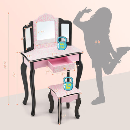 Kid Vanity Set with Tri-Folding Mirror and Leopard Print, Pink - Gallery Canada