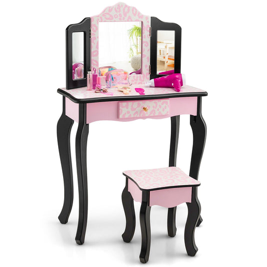 Kid Vanity Set, Tri-Folding Mirror, Leopard Print, Pink