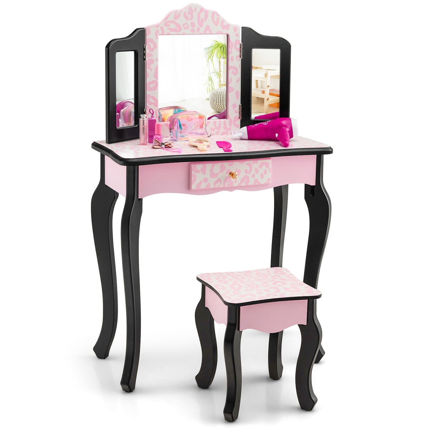 Kid Vanity Set with Tri-Folding Mirror and Leopard Print, Pink Kids Vanities Pink at Gallery Canada