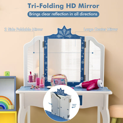 Princess Vanity Table and Chair Set with Tri-Folding Mirror and Snowflake Print, Blue Kids Vanities at Gallery Canada