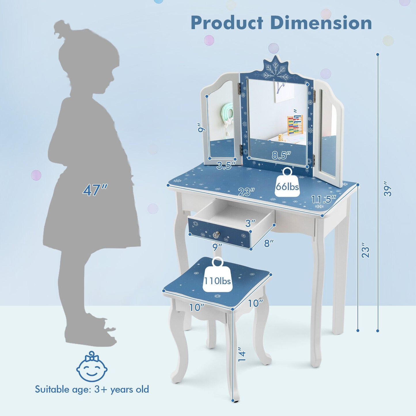 Princess Vanity Table and Chair Set with Tri-Folding Mirror and Snowflake Print, Blue Kids Vanities at Gallery Canada