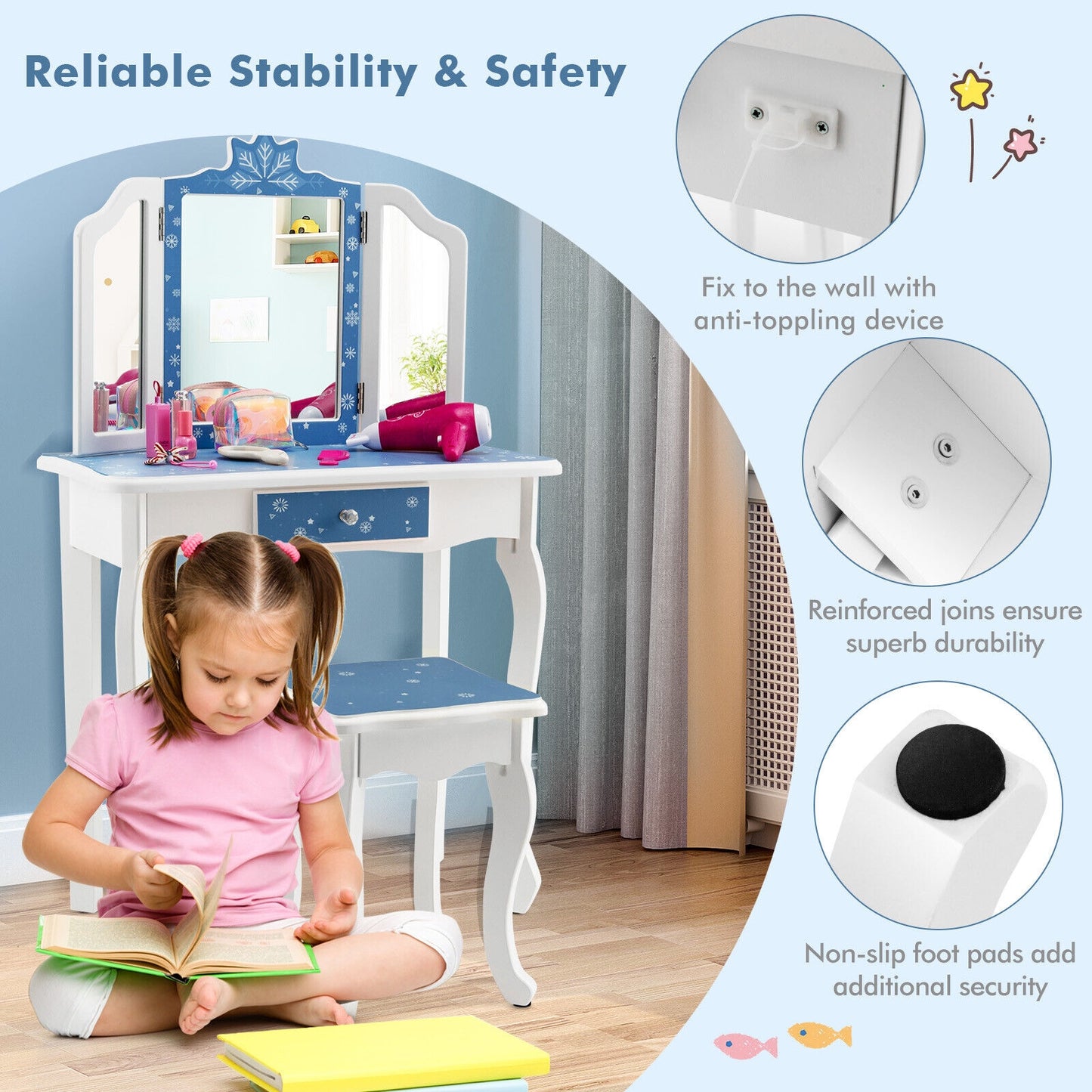 Princess Vanity Table and Chair Set with Tri-Folding Mirror and Snowflake Print, Blue Kids Vanities at Gallery Canada