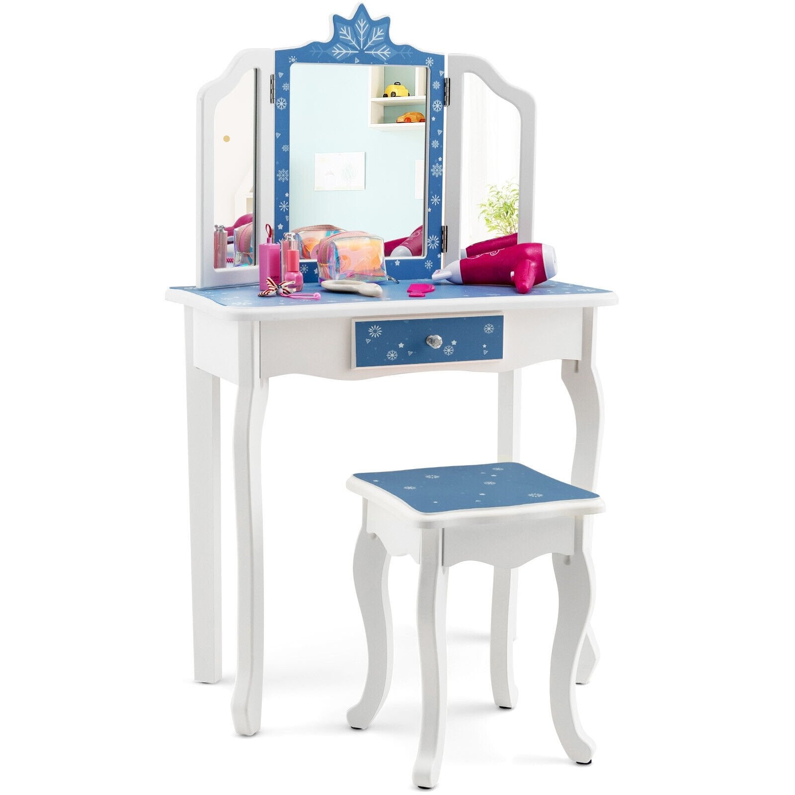 Princess Vanity Table and Chair Set with Tri-Folding Mirror and Snowflake Print, Blue - Gallery Canada