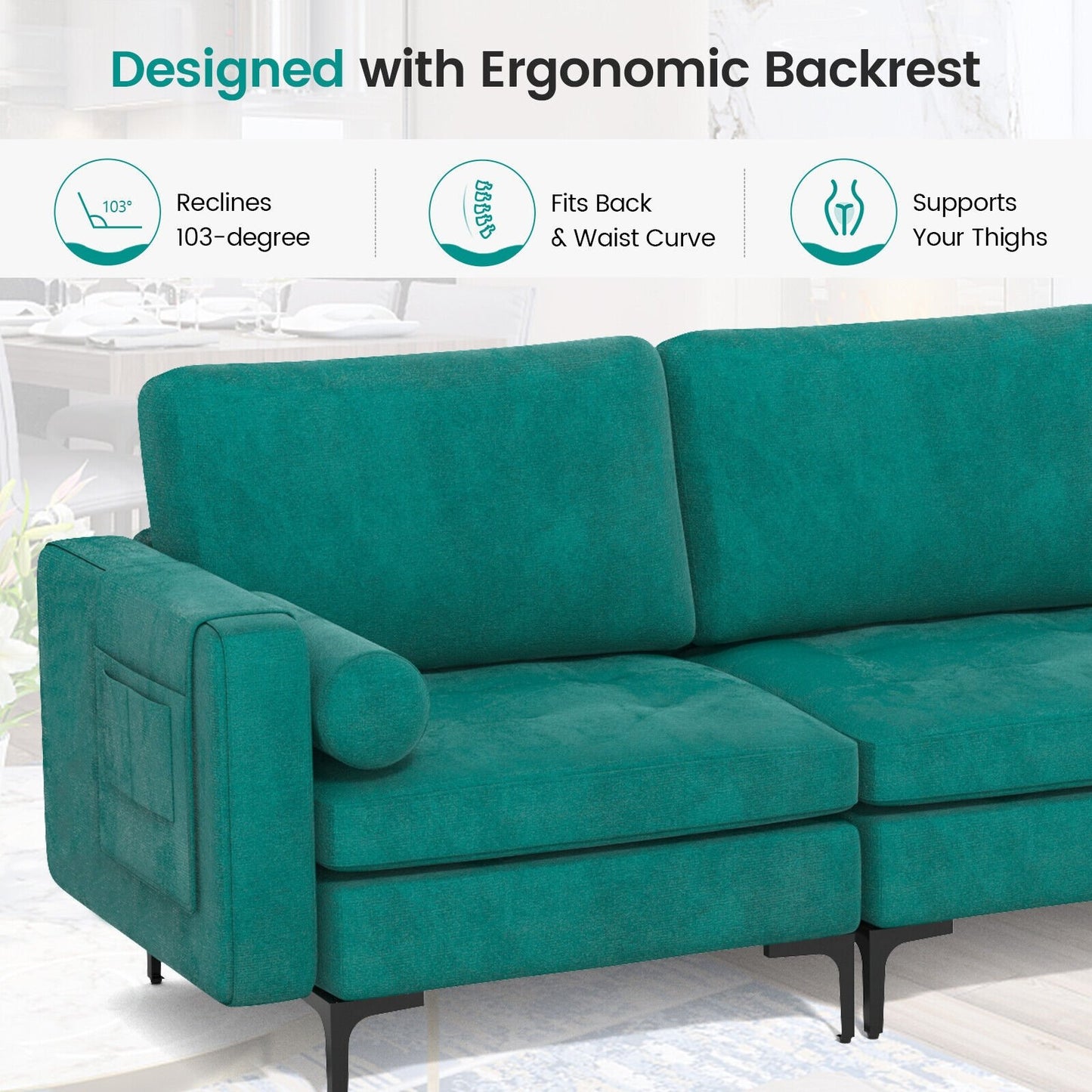 3-Seat Sofa Sectional with Side Storage Pocket and Metal Leg-3-Seat, Teal - Gallery Canada