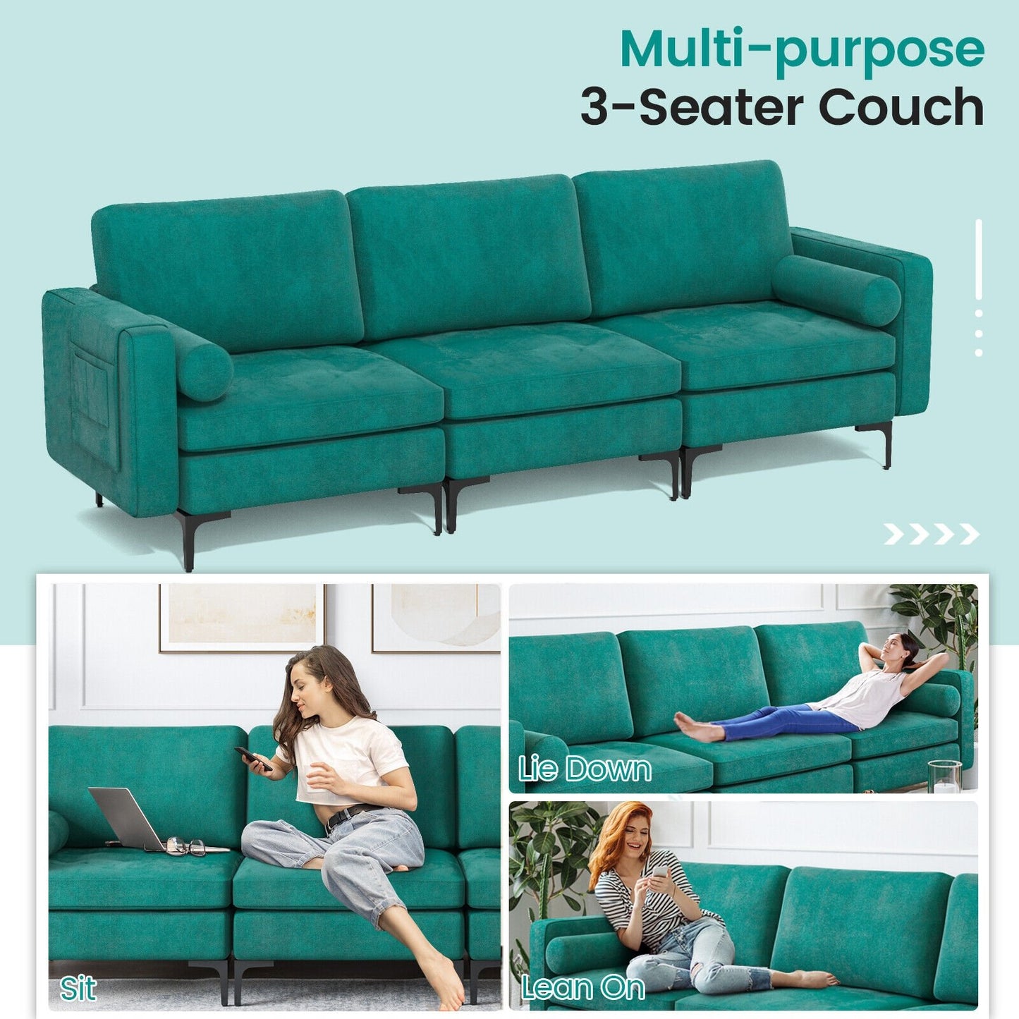 3-Seat Sofa Sectional with Side Storage Pocket and Metal Leg-3-Seat, Teal - Gallery Canada