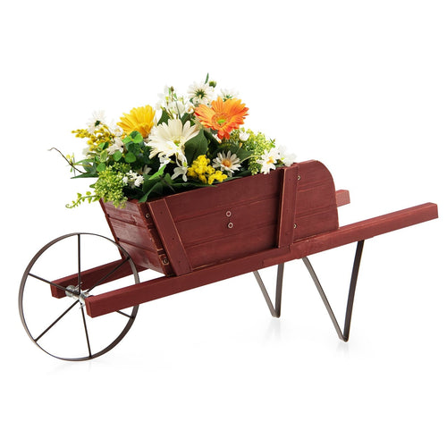 Wooden Wagon Planter with 9 Magnetic Accessories for Garden Yard, Red