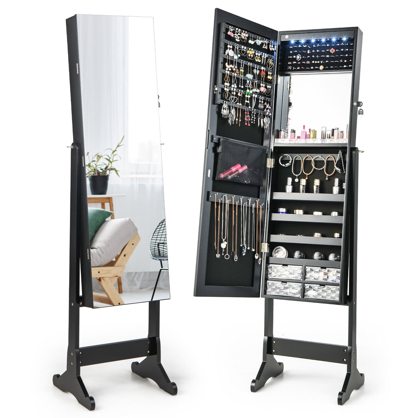 Free Standing Full Length Jewelry Armoire with Lights in Black, Black Jewelry Armoires at Gallery Canada