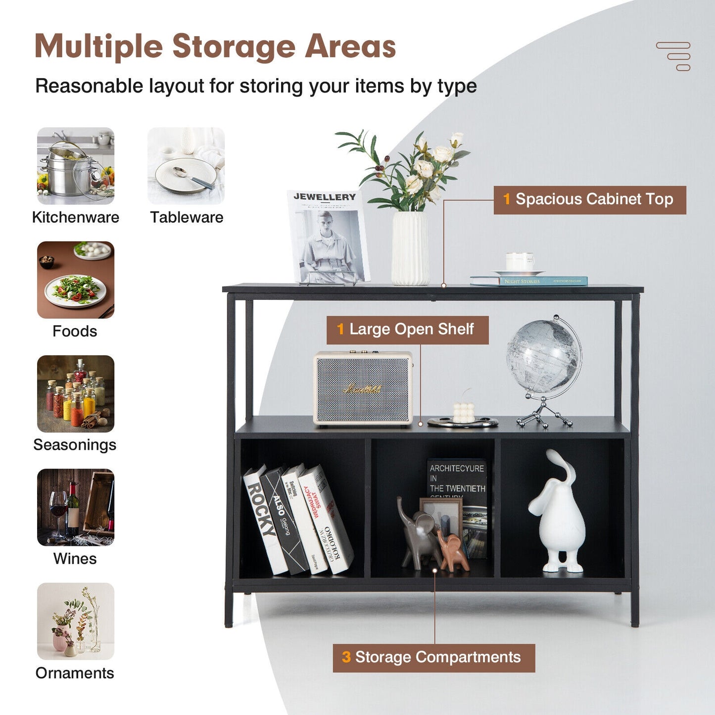 Modern Kitchen Buffet Sideboard with 3 Compartments, Black Sideboards Cabinets & Buffets at Gallery Canada