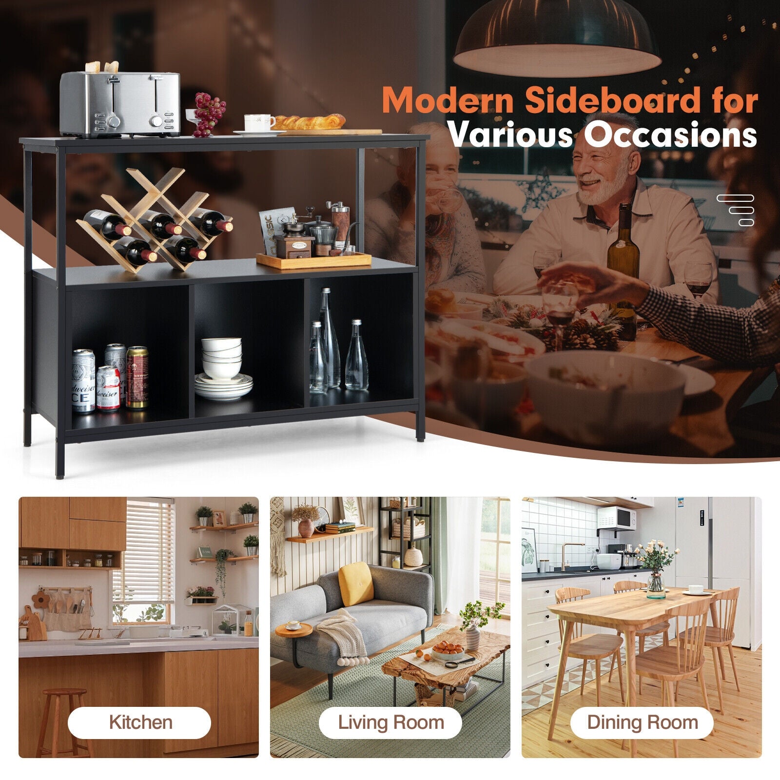 Modern Kitchen Buffet Sideboard with 3 Compartments, Black Sideboards Cabinets & Buffets at Gallery Canada