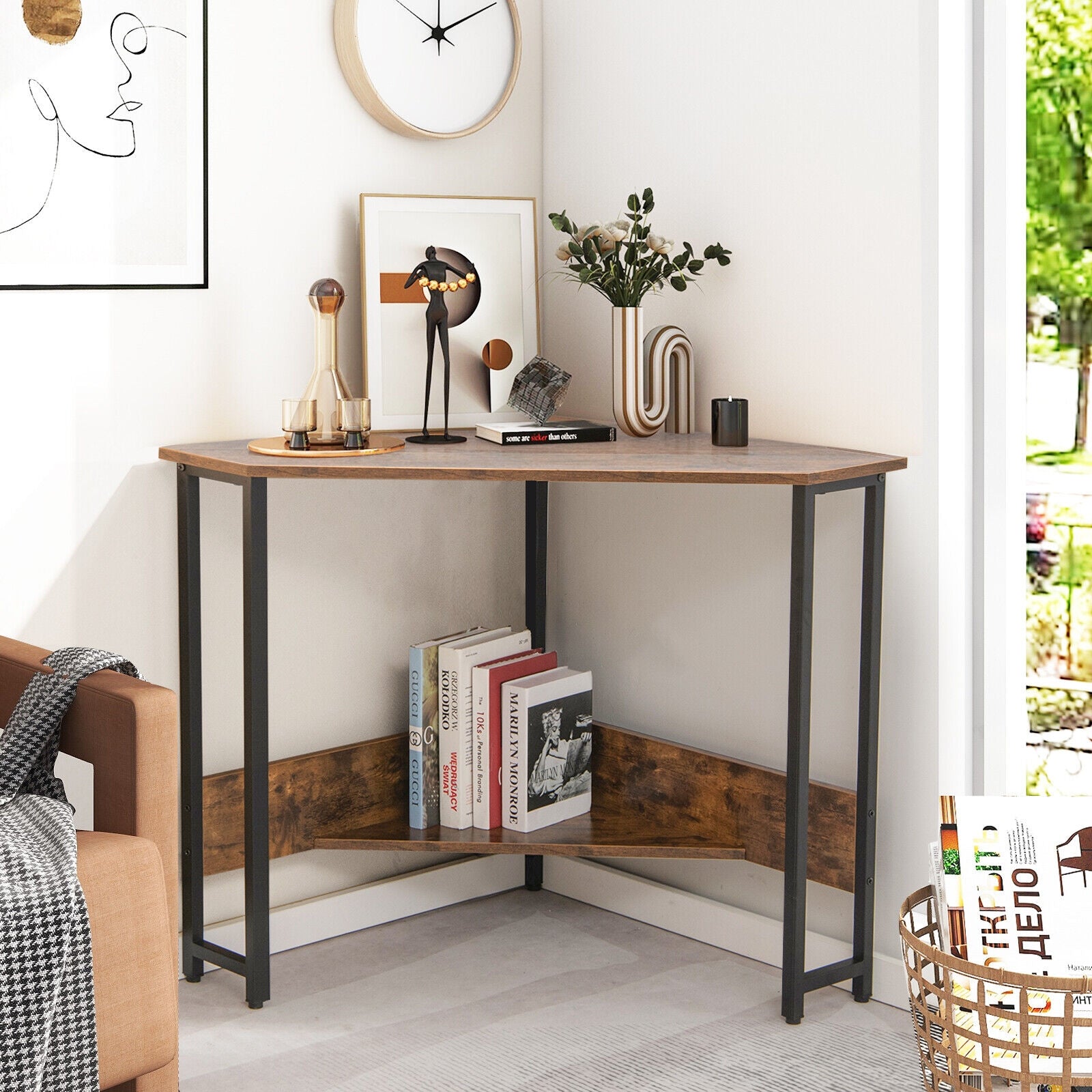 Triangle Computer Corner Desk With Charging Station, Rustic Brown Corner Desks at Gallery Canada