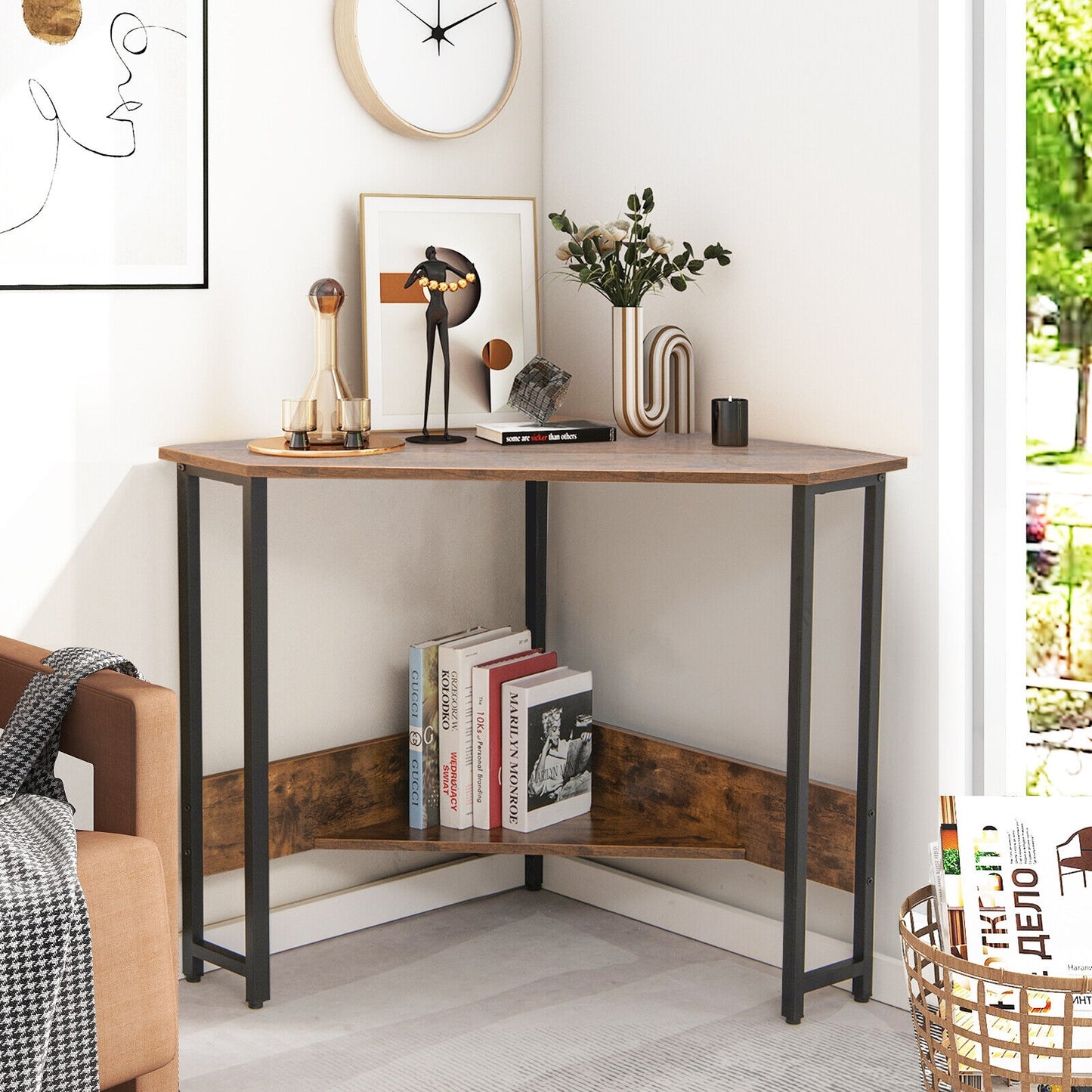 Triangle Computer Corner Desk With Charging Station, Rustic Brown Corner Desks at Gallery Canada