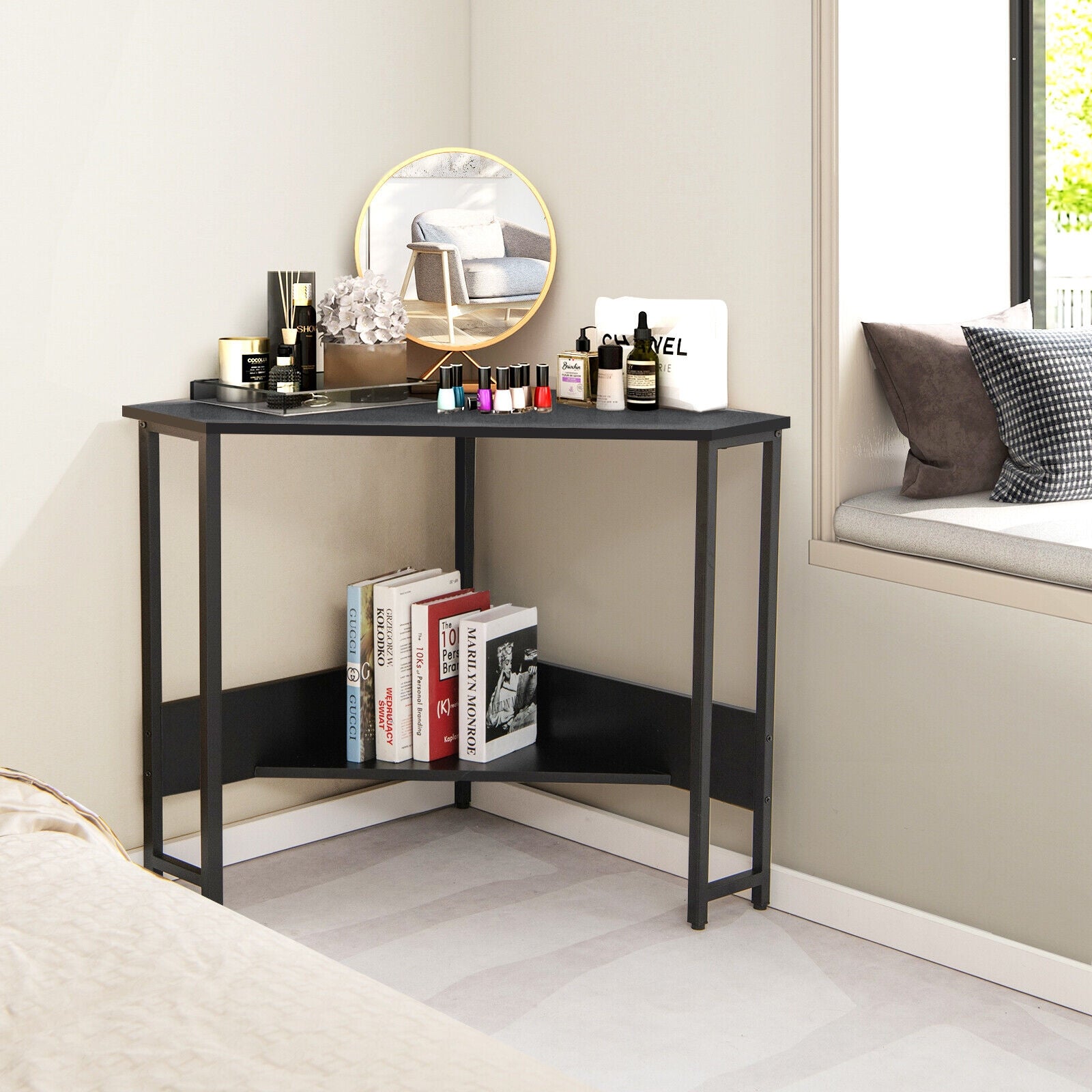 Triangle Computer Corner Desk with Charging Station, Black Corner Desks at Gallery Canada